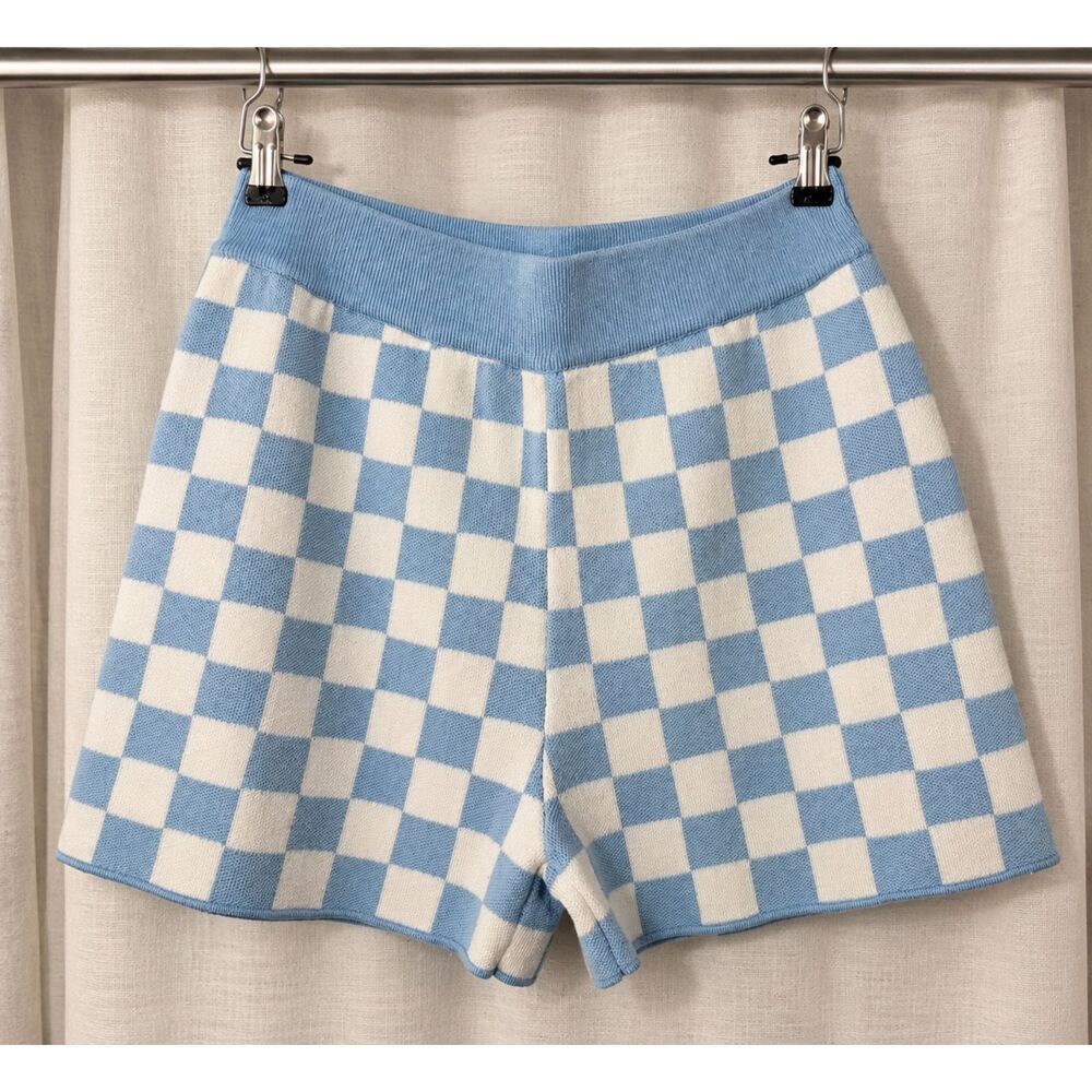 Oak + Fort M Blue-and-white checkerboard knit shorts NWT